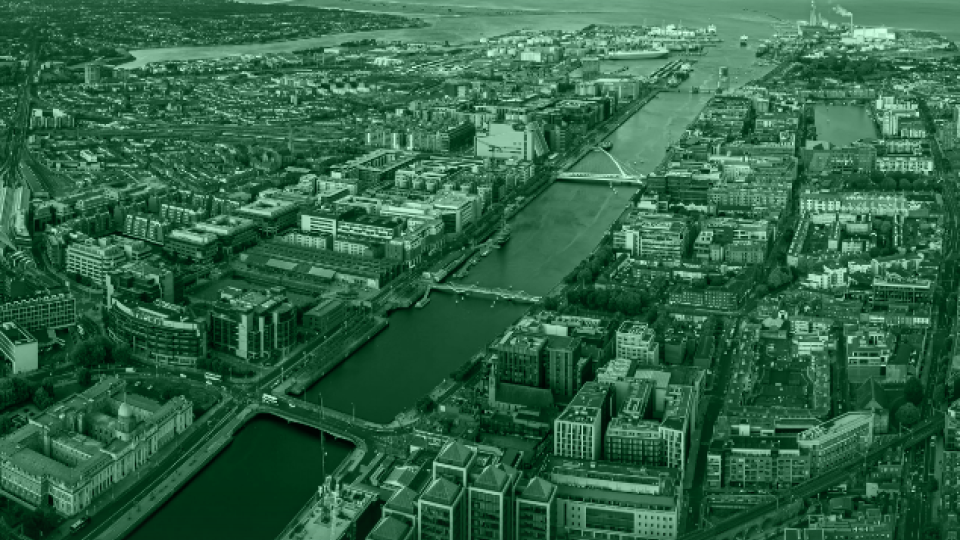 Regional growth forum report cover - green coloured cityscape of Dublin